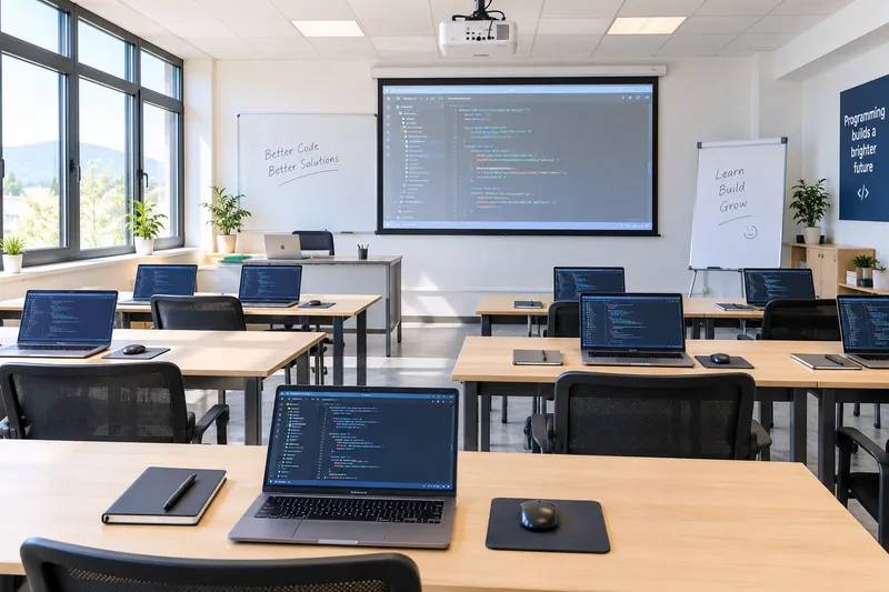 Training classroom with laptops and code on the projector screen
